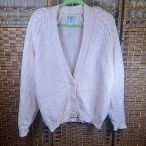 Vintage TOI Cardigan SWEATER - Pink Size L - V-Neck - Buttons - Shoulder Pads